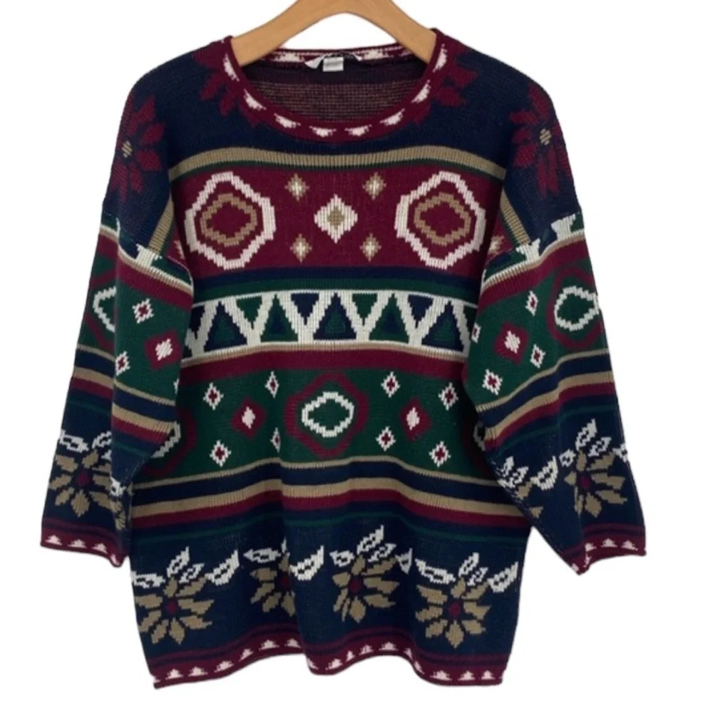 Vintage Private Eyes Sweater Womens LG- XL Adele Knit Geometric Print Christmas‎